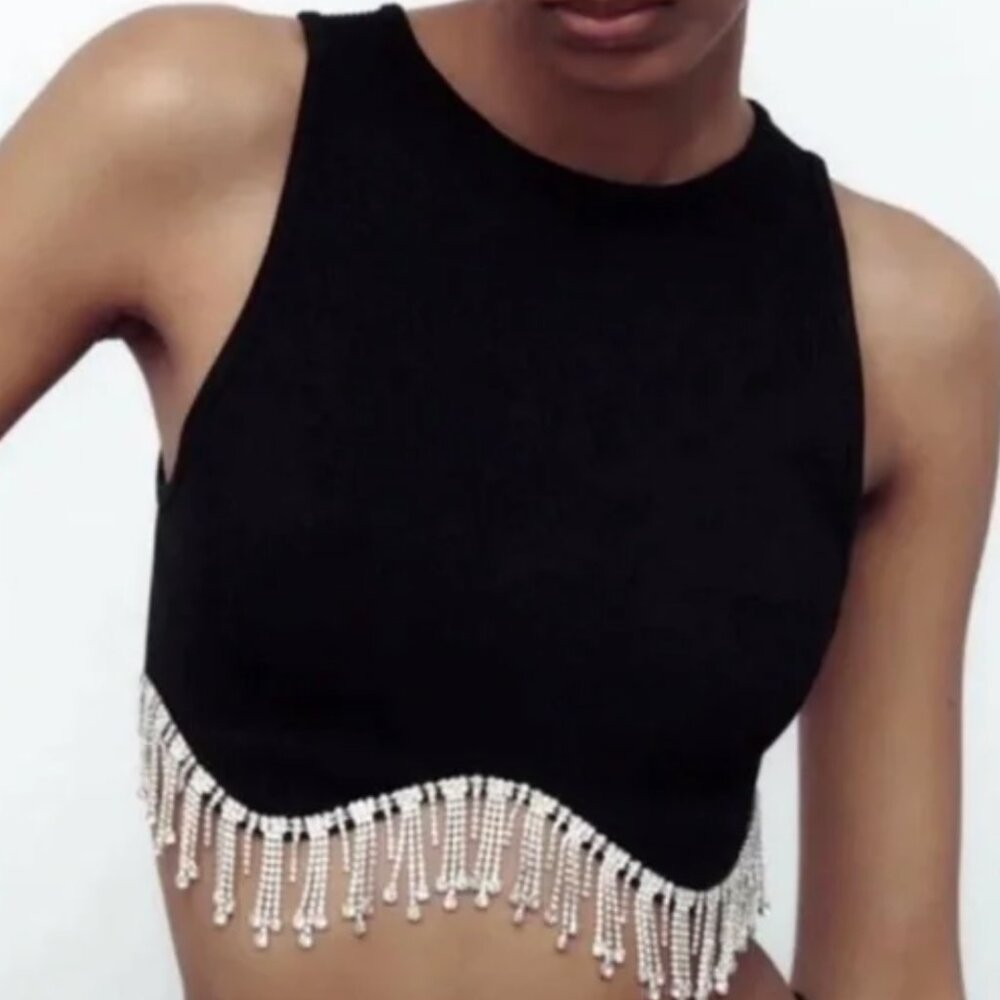 ZARA Black Contour Hem Ribbed Cropped Tank with Rhinestone Fringe Hem